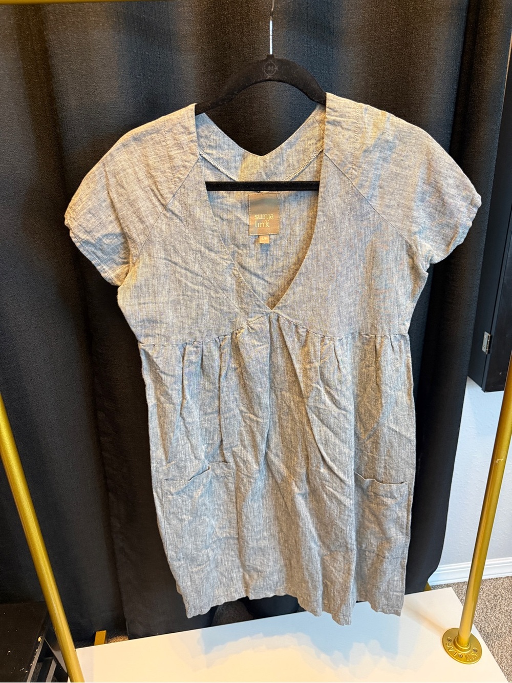 Heather Gray V-Neck Short Sleeve Linen Dress